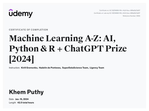 Machine Learning A-Z: AI, Python & R (៤២.៥ ម៉ោង)